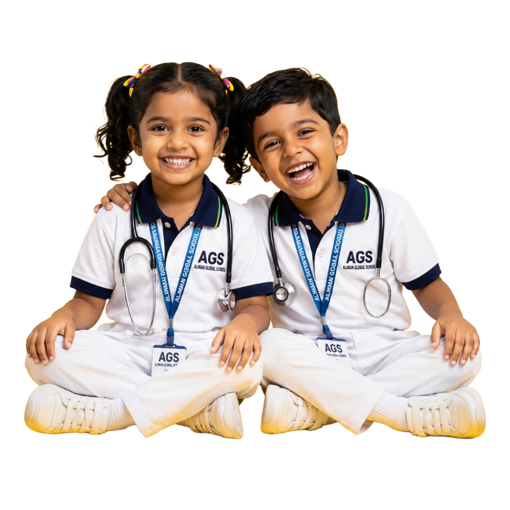 Cute preschool boy and girl sitting on ground in AGS uniform playing doctor with stethoscope